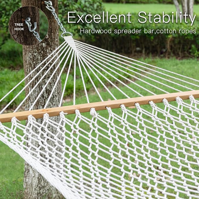 Gafete Rope Hammocks Swing with 5ft Tree Straps, Traditional Hand Woven Cotton 52" Double Hammock with Free Chains & Straps & Hooks & Hardwood Spreader Bar for Outside Outdoor, Max 450Lbs (Natural)