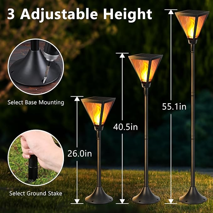 iBaycon 2 Pack 55in Solar Flame Post Lights Outdoor Landscape Pathway Lamp | Solar Garden Lights Warm White, Flickering Flame Light Outdoor Waterproof for Yard Lawn Pathway Landscape Decorations