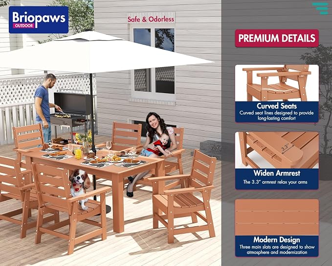 BRIOPAWS Outdoor-Dining-Set | 7 Piece | HDPE | 67" Patio Table and Chairs Sets for 6 | Patio Dinner Furniture | All Weather | Umbrella Hole | for Poolside Deck Backyard Outdoors | Teak