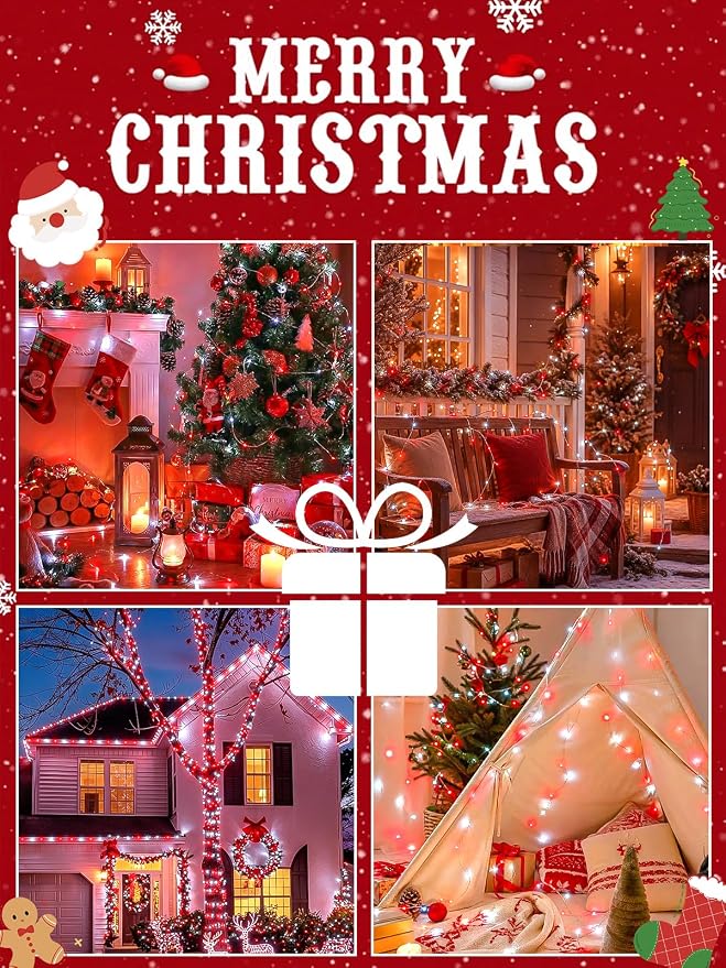 4Pack 60LED Fairy Lights Battery Operated with Timer, 20 FT Red and White | Cuttable Copper Wire, Waterproof Battery String Lights for Indoor Outdoor, Wedding, Bedroom, Home, DIY, Christmas Decorations