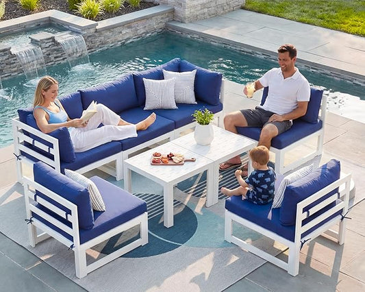 NICESOUL 6 Seat Oversized Modern Aluminum Patio Furniture Set, All Weather Rust Proof Modular Sectional Sofa with Coffee Table, 500 lbs Heavy Duty Comfy Outdoor Couch for Garden Backyard, Navy Blue