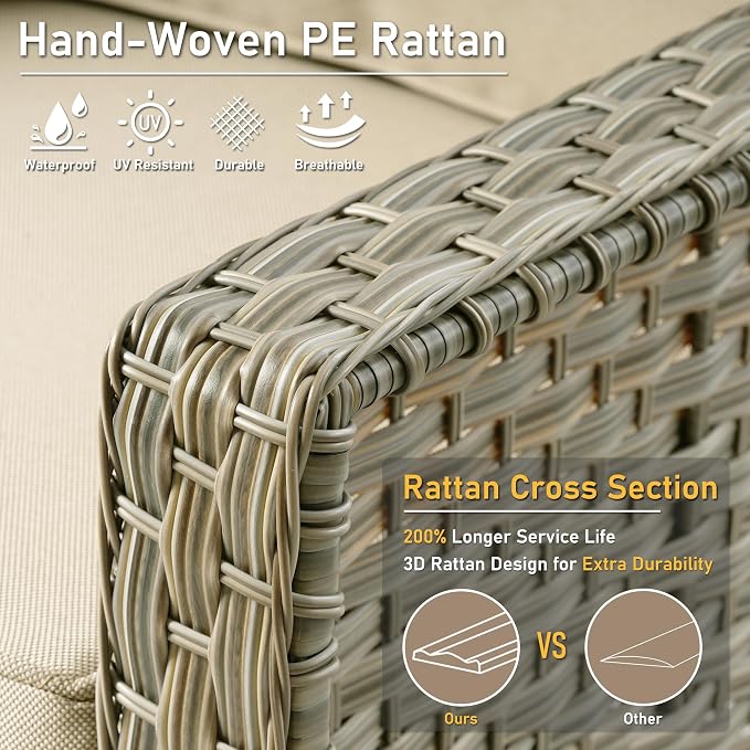 HOOOWOOO 5 Piece Patio Set with Fire Pit Table, All Weather Resistant High Back Rattan Outdoor Wicker Furniture (Beige Tan)