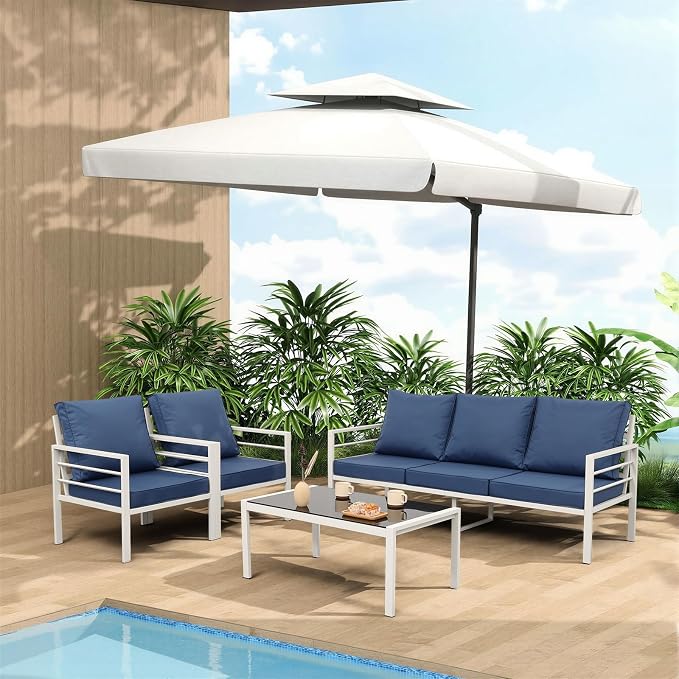 Rattaner Aluminum Outdoor Patio Furniture Set 4 Pieces Outdoor Furniture White Frame Patio Couch Set Outdoor Chairs Glass Coffee Table with No-Slip Cushions and Waterproof Covers, Navy Blue