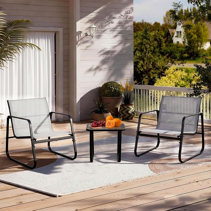 DUMOS 3 Piece Patio Furniture Set，Outdoor Patio Furniture Set with Table and Chairs, Sectional Bistro Sets for Lawn, Garden, Balcony, Pool, Poolside Gray