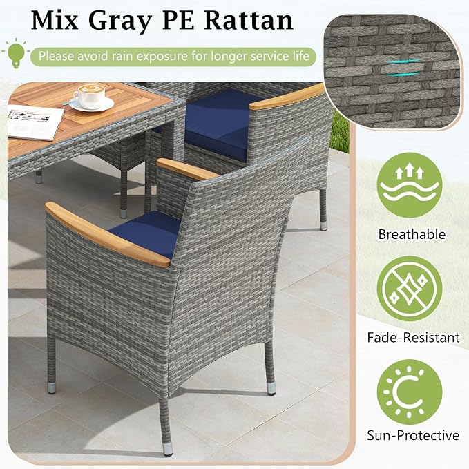 KOTEK Outdoor Dining Set for 8, Wicker Patio Dining Table and Chairs Set with Cushions & 2'' Umbrella Hole, 9 Pcs PE Rattan Patio Furniture Set for Garden, Deck, Backyard (Navy)