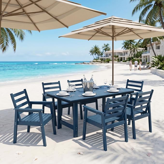 7-Piece Outdoor Dining Set, All-Weather HDPE Patio Furniture, 66.5" Slatted Table with 1.6" Umbrella Hole & 6 Ergonomic Armchairs, Heavy Duty 350lbs Capacity, UV Resistant, Blue