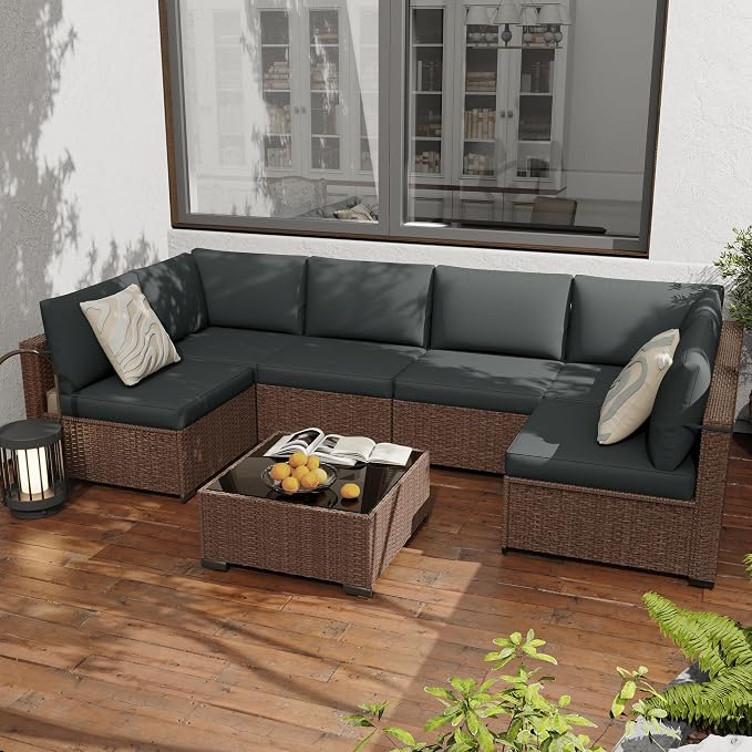 KIGOTY 7-Piece Patio Furniture Set, All-Weather PE Rattan Outdoor Sectional Sofa, Modular Wicker Conversation Set with Thick Cushions & Easy-Clean Coffee Table（Brown/Dark Grey）