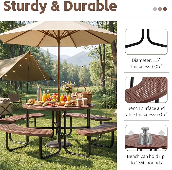 46" Outdoor Round Perforated Picnic Table Metal Camping Table with Umbrella Hole - Heavy Duty Steel Mesh Picnic Bench Set for Backyard Garden Deck, Brown