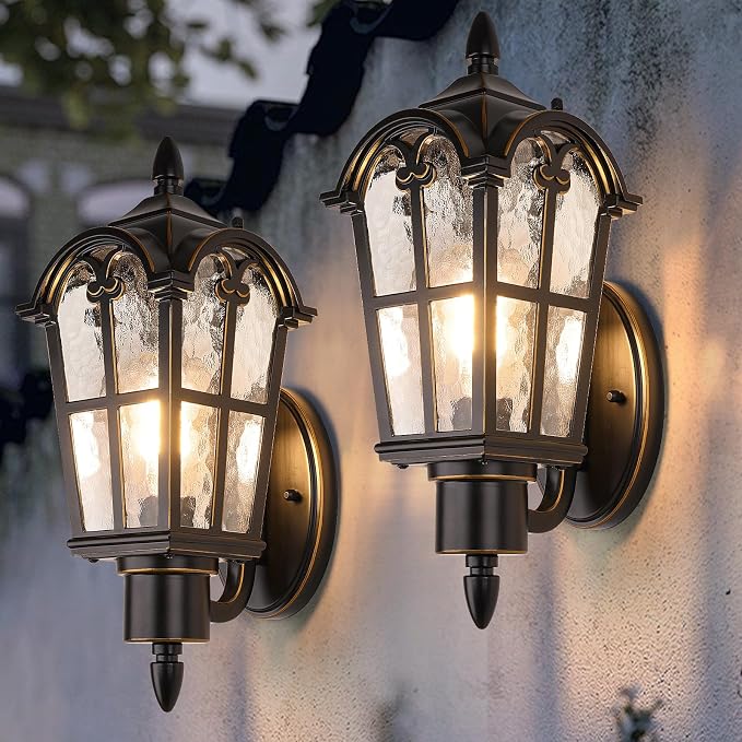 16’’ Large Outdoor Wall Light Fixtures, Exterior Wall Lantern Sconces | Waterproof, Rust-resistant, Matte Black with Gold Trim, Water Ripple Glass, Quick & Easy Installation, Retro & Traditional