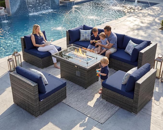 BULEXYARD 7 Piece High Back Outdoor Furniture Set with Fire Pit, Durable All Weather Wicker Patio Couch Sofa Set, Large Modular 6-Seater Sectional Backyard Seating Wide Deep for Lawn, Grey & Navy Blue