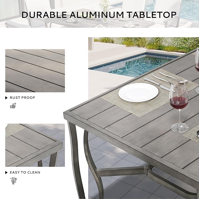 8-Person Outdoor Dining Table, Aluminum Large Rectangle 84.1"×39.8" Outdoor Dining Table with 2.2" Umbrella Hole, Rustproof Aluminum Patio Dining Table for 8, Grey