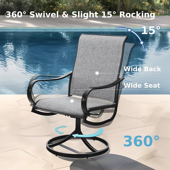 MFSTUDIO Outdoor Dining Set for 6, Patio Furniture Set with Orange Red Umbrella (Base not Included), Outdoor Metal Table and Light Grey Swivel Chairs Set for Patio, Deck, Backyard, Garden