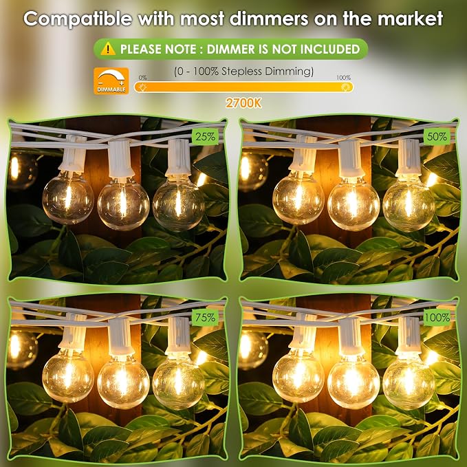 300Ft(3x100Ft) LED Outdoor String Lights Dimmable Waterproof G40 Globe Patio Lights with 150+7 Warm White Bulbs for Bistro Outside-White Cord