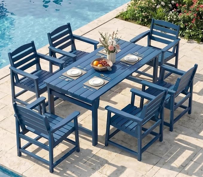 Furnimart Outdoor Dining Set for 6, 67" HDPE Dining Table and Chairs, All-Weather 7 Piece Patio Dining Set with Umbrella Hole, Outdoor Furniture Set for Backyard, Garden, Lawn & Poolside, Blue