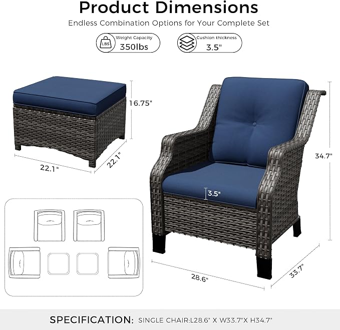Outdoor Patio Furniture Set, 6 Piece Wicker Patio Furniture with Thick Cushions, Curved Armrest, Deep Seating, Rattan Outdoor Chairs for Porch, Deck, Balcony