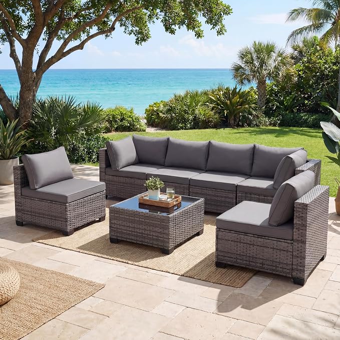 Loungewave 7 Pieces Outdoor Patio Furniture Set, Wicker Rattan Patio Conversation Set with Cushions & Coffee Table, All Weather PE Rattan Patio Sofa with Tea Table for Backyard Porch Garden (Grey)
