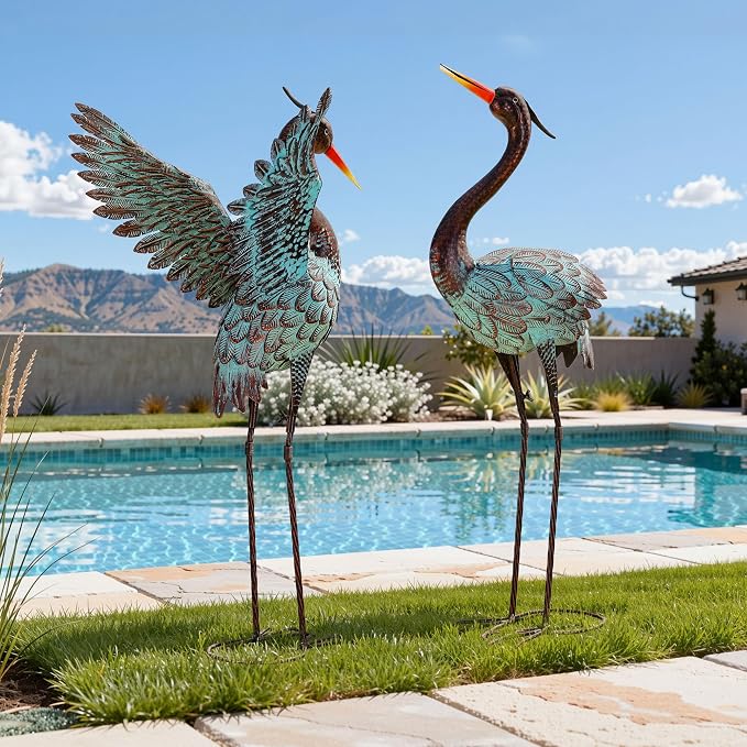 36.8" Blue Heron Decor, Metal Crane Statue Handcrafted | Extra-Large Garden Bird Animal Yard Art, Lawn Ornament Decor, Stable U-Ground Stakes, Backyard Decoration