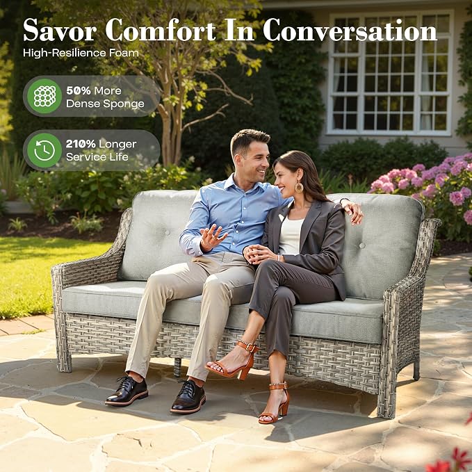 ovios 4 Piece Outdoor Patio Furniture with 3 Seat Sofa,Rattan Wicker Coversation Set with High Back,Sectional Single Sofa with Ottoman for Outside Porch Balcony Backyard Pool, Dark Grey