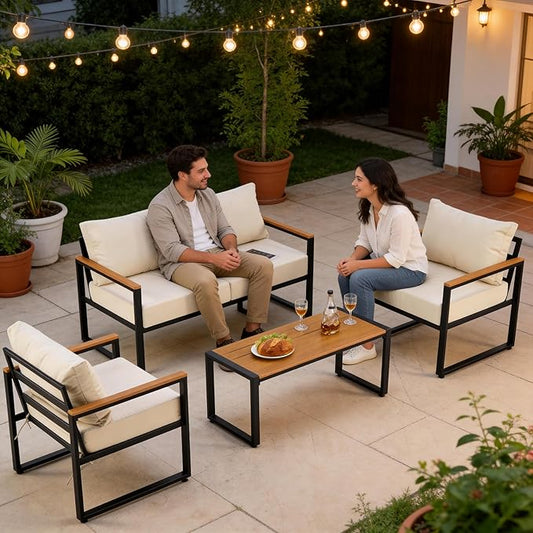 Furnimart 4-Piece Metal Patio Conversation Set, Deep Seating Outdoor Sofa with Coffee Table, Modern Small Space Furniture for Backyard, Deck, Poolside, Porch (Beige)