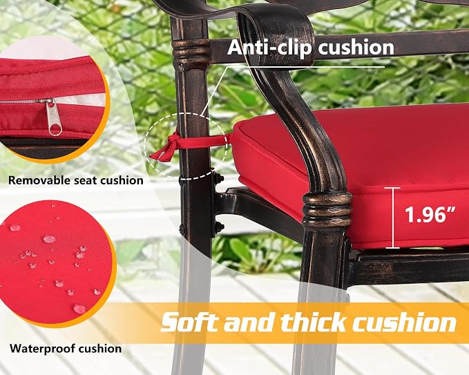 TITIMO 9-Piece Cast Aluminum Patio Furniture Set, Outdoor Patio Dining Set Bistro Conversation Set, All-Weather Rectangular Table w/Umbrella Hole (Red-Fixed Elizabeth Chair, 9 Pcs)