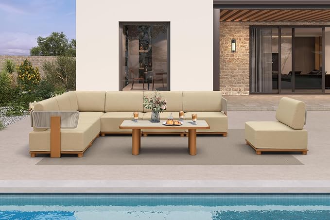 PURPLE LEAF Patio Furniture Set Modular Open-End Outdoor Sectional Sofa with 11" Thick Olefin Cushion 8-Piece Outdoor Conversation Set with Table for Backyard Garden Poolside, Beige