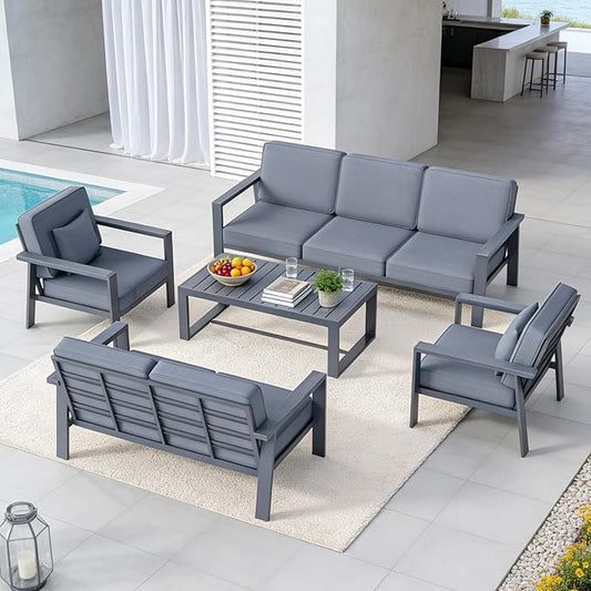 Premium Aluminum Patio Furniture Set 5 Piece,Outdoor Conversation Set with Wide Armrests,5" Thick Cushions, Olefin Fabric,Rustproof Metal Frame,Deep Seating Patio Sofa Set for Backyard,Deck,villa,Gray