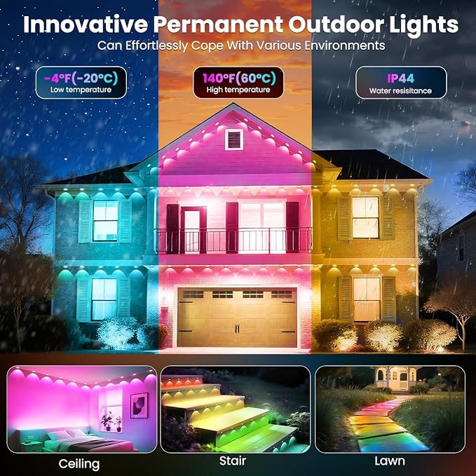 Permanent Outdoor Lights,Smart Eave Light RGB Color-Changing LED House Lighting with App & Remote, Christmas Light Effects, IP67 Weatherproof Outdoor Lights for Holidays & Christmas Decorations, 300FT