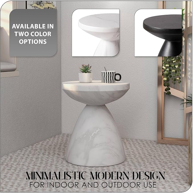 LeisureMod Modern Side Table Lightweight Fiberstone Top 20" Round Accent Table and Hourglass Pedestal Base for Outdoor or Indoor Dune Series in White