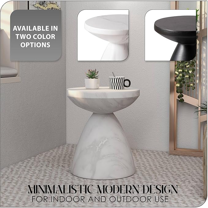LeisureMod Modern Side Lightweight Fiberstone Top 20” Round Accent Table and Hourglass Pedestal Base for Outdoor, Home, Living Room Dune Series in Marble White