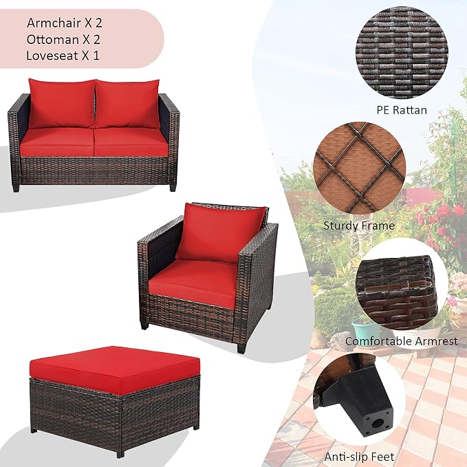 DORTALA 5-Piece Outdoor Patio Conversation Set, Loveseat and 2 Ottoman, Outdoor Sectional Rattan Sofa Set, Multifunctional Rattan Furniture Set Suitable for Home Backyard Garden Poolside Balcony, Red
