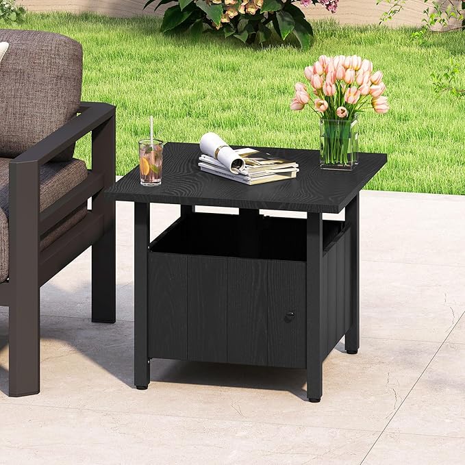 Tangkula Outdoor Table with Hole, Patio Umbrella Table with 2 Sand Bags, 1.89" Umbrella Hole, Metal Frame, Outdoor Side Table for Garden, Deck and Poolside
