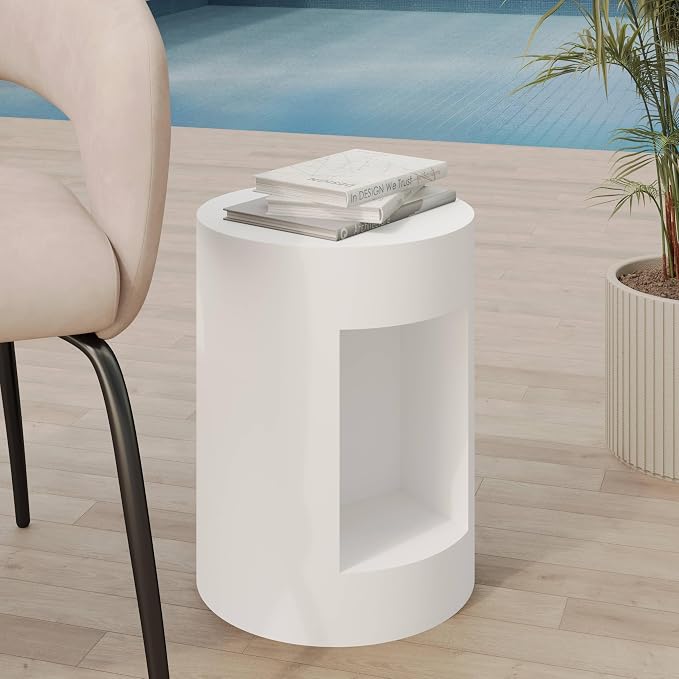 LeisureMod 14” Wide White Round Side Table in Fiberstone with Open Storage, Painted Finish, for Modern Indoor Outdoor Use, Living Room, Bedroom, Patio, Garden