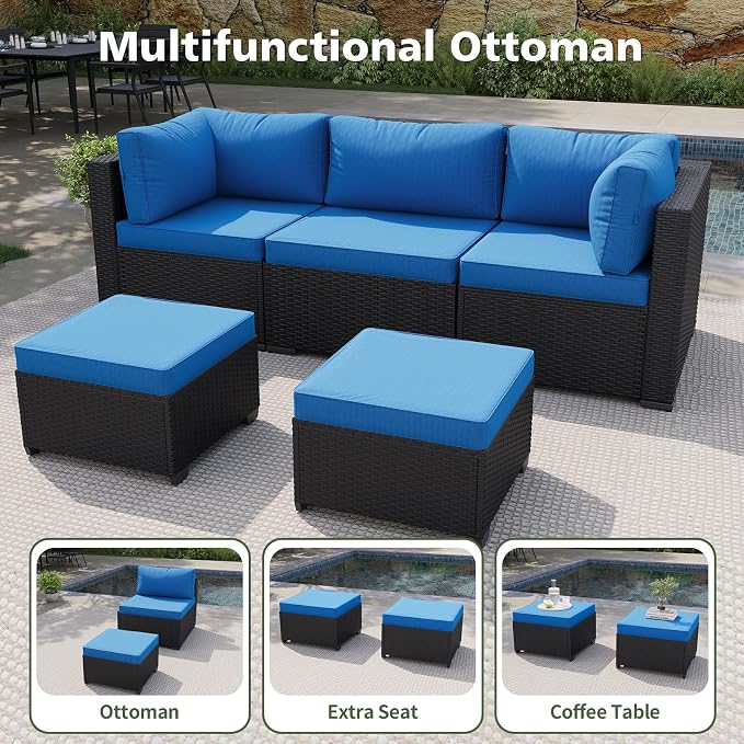 Aoxun 12 Piece Outdoor Patio Furniture Set with Coffee Table, Wicker Rattan Outdoor Furniture with High Back Swivel Rocker Chairs, Outdoor Conversation Set with Thick Cushion & Ottoman, Peacock Blue