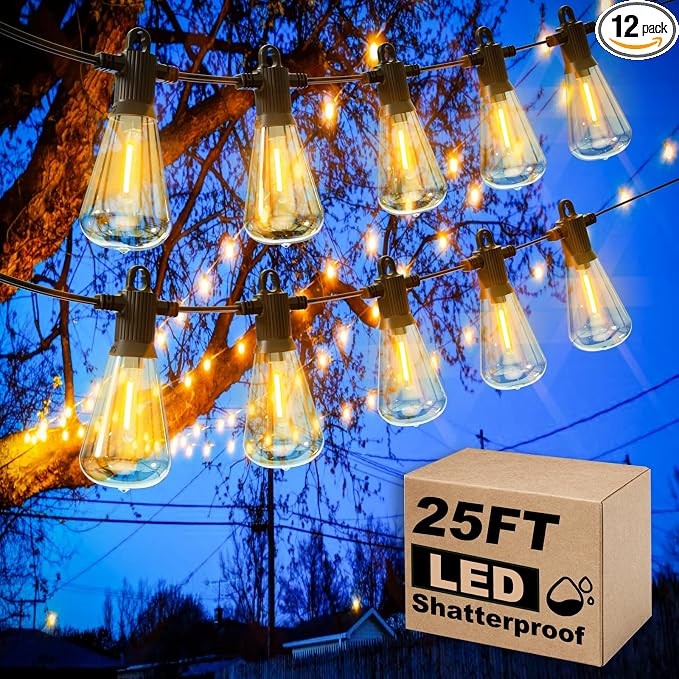 Zuske 25ft Outdoor String Lights, LED Patio Hanging With 12 Shatterproof Bulbs, Waterproof ETL Listed Bistro for Backyard Garden Cafe