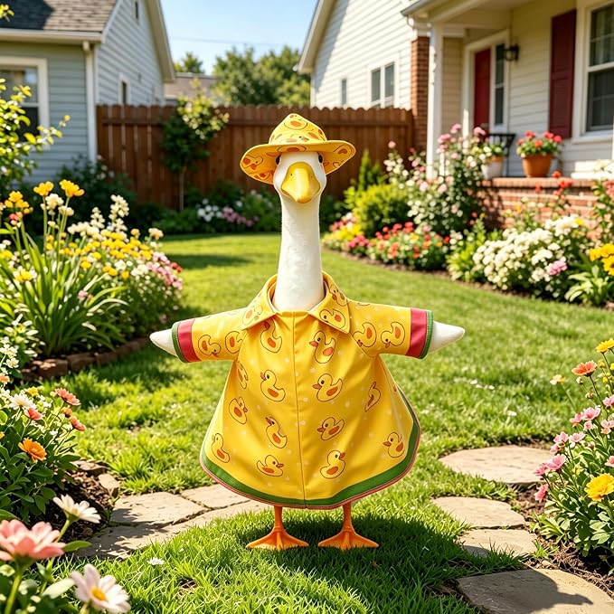 Porch Goose Raincoat Outfit 3Pc Set for 23 Inch Large Lawn Goose Statue - Yellow Waterproof Goose Clothes with Umbrella Hat -All Weather Outdoor Garden Patio Yard Front Porch Decor Goose Costume