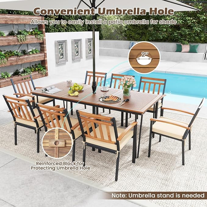 RELAX4LIFE Wooden Outdoor Dining Table for 8, 79" Rectangular Table w/Acacia Wood Slatted Top, Umbrella Hole & Metal Legs, Indoor Outdoor Bistro Table for Porch Garden, 8-Person Patio Dining Table