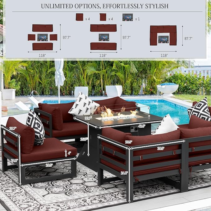 BULEXYARD 9 Piece High End Aluminum Patio Furniture Set with Fire Pit Table, 500 lbs Heavy Duty Outdoor Sectional Sofa, 29" Deep Wide Oversized Seat, L Shaped Conversation Couch for Exterior, Burgundy
