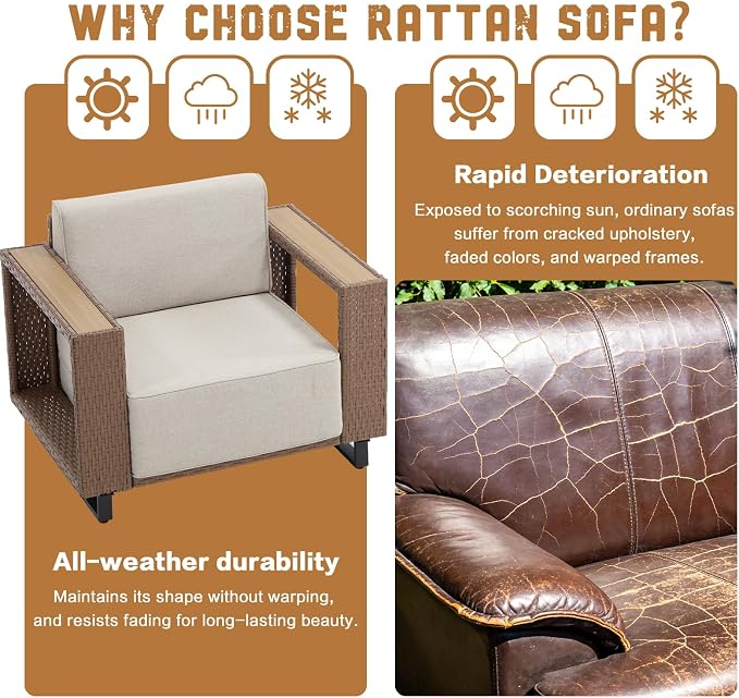 MOCHITO 4 Pieces Outdoor Patio Furniture Sets, All-Weather Sectional Sofa PE Rattan Wicker Conversation Set, Outdoor Patio sectional for Poolside, Porch, Lawn, Garden, Balcony(Beige)
