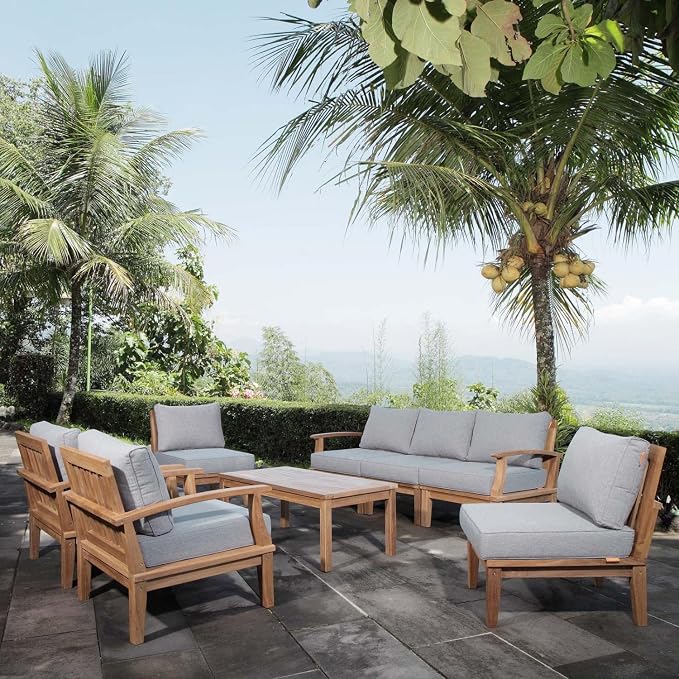 Modway EEI-1479-NAT-GRY-SET Marina Premium Grade A Teak Wood 8-Piece Outdoor Patio Furniture Set, Natural Gray