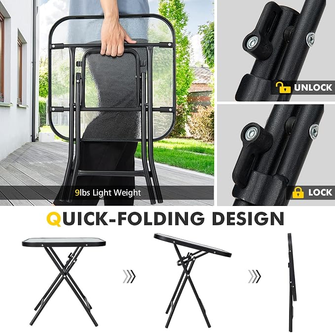 LDAILY 18” Folding Outdoor Side Table, Square End Table with Tempered Glass Tabletop & Sturdy Steel Frame, Portable Patio Table for Balcony, Backyard, Poolside & Indoor Use, Black