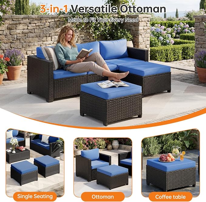 LazySunsets 6-Piece Outdoor Patio Furniture Set, Rattan Outdoor Sectional with Thick Waterproof Cushions, Wicker Ottomans & Waterproof Cover, Patio Conversation Set for Garden, Backyard, Navy Blue