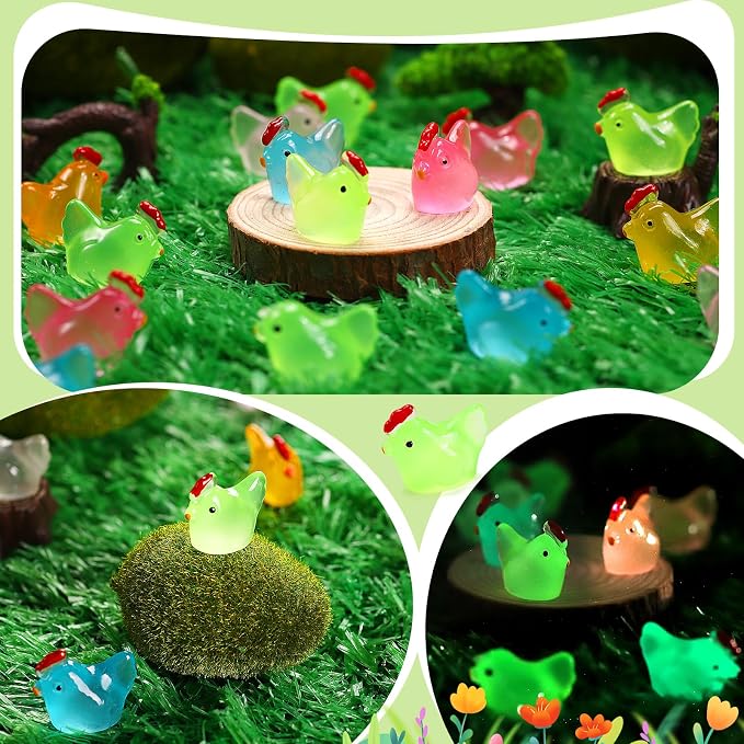 320 Pcs Luminous Mini Resin Chicken, Figurines Resin Miniature Animals 8 Colors, Glow in Dark Resin Chicken Hens Animal Figures for DIY Project, Garden, Dollhouse, Aquarium Decor, Glow at Night