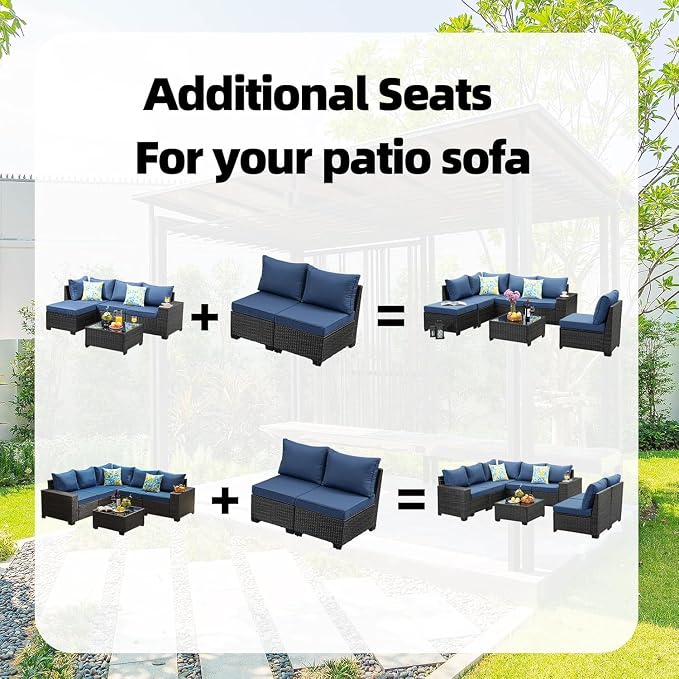 Outdoor Wicker Armless Sofa2 Pack, Patio Rattan Sectional Sofa Set with Thick Seat Cushions and 2 Back Cushions for Garden, Backyard, Poolside Poolside Navy
