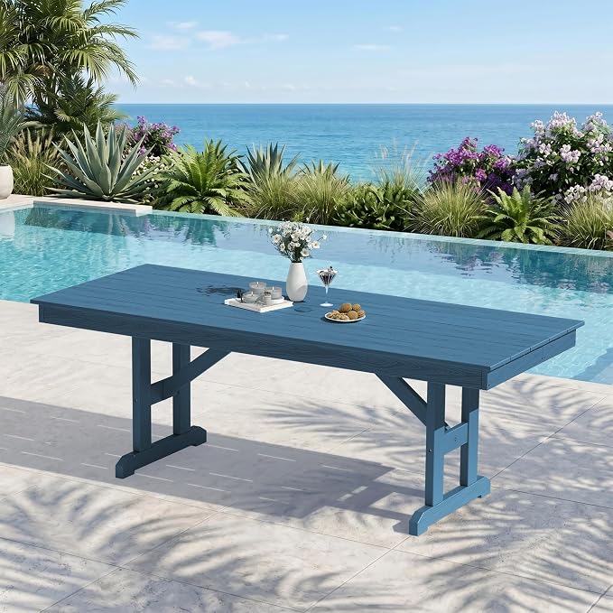 KINGYES Outdoor Dining Table,84 inch HDPE Rectangular Patio Table with Umbrella Hole，Waterproof Patio Furniture for Backyard,Blue