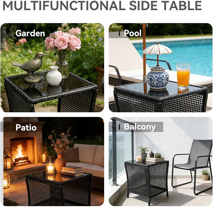 Kinfant Outdoor Wicker Side Table with Tempered Glass Top – 17.7" Square Patio End Table with Unique Handwoven Rattan, Storage Shelf for Balcony, Porch, Deck, Garden, Easy Assembly