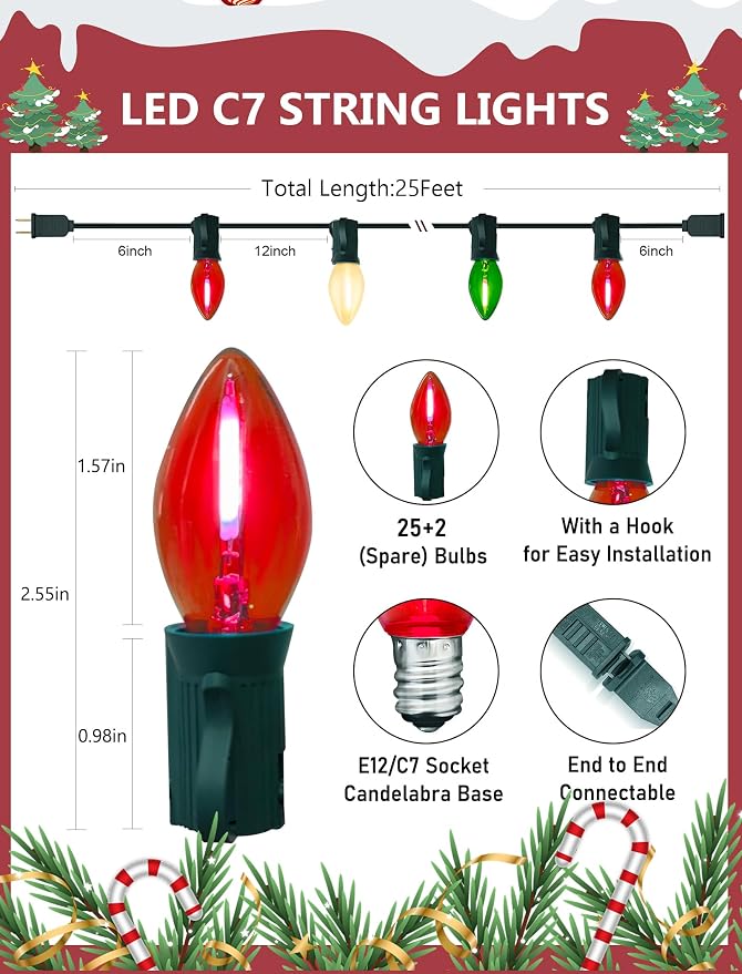 C7 LED Red White and Green Christmas Lights, 26Ft Vintage Outdoor Christmas String Lights with 27 LED Colored Bulbs, Connectable Hanging Xmas Decorations Lights for Roofline House Garden Patio Party