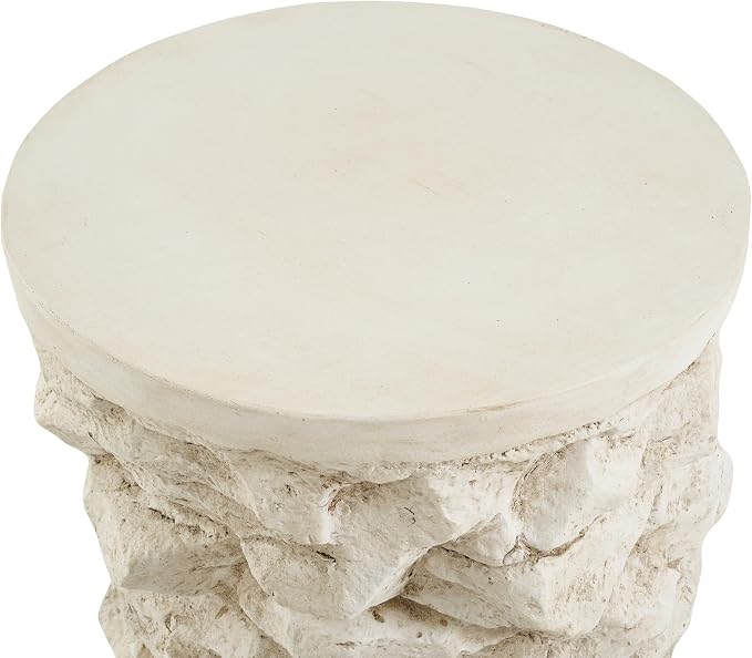 Round Outdoor Concrete Side Table, Cylinder Patio End Table, Faux Stacked Stone Accent Table with Wave for Indoor Outdoor, Garden Stool Coffee Table for Patio, Garden, Backyard - 16.42" Beige MgO