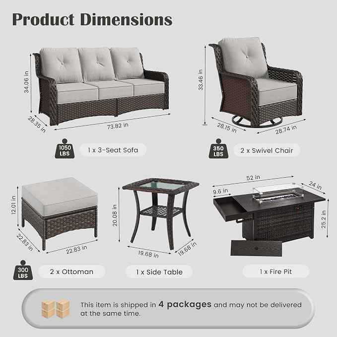 Sundale Outdoor Wicker Patio Furniture Set with Fire Pit, 7 Piece Outdoor Furniture Set with Swivel Chairs, Couch & Ottoman, High Back Patio Conversation Sets with 6" Cushions for Yard, Deck (Grey)