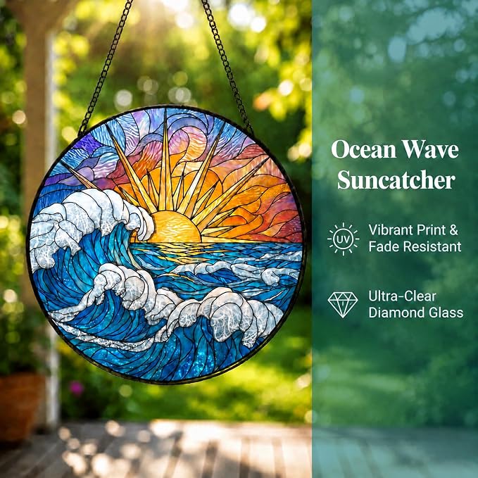Statement Deluxe Bundle | Stained Glass Window Hanging, Ocean Sunrise 3D Embossed Diamond Glass Suncatcher, 7-Piece Coastal Gift Set with Crystal Pendant & Invisible Hooks
