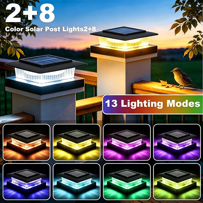 4x4 Post Solar Lights Outdoor, 13 Lighting Modes 8 LED Solar Post Cap Lights, Waterproof Solar Deck Lights for 4x4 3.5x3.5 Wood/Vinyl Fence Post (12)